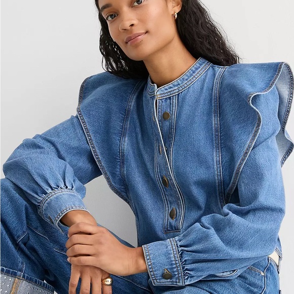 LOFT Blue Denim Button-Up Ruffle Top - Picture 2 of 4